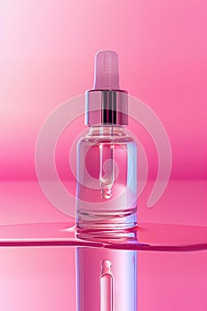 A bottle of perfume is sitting on a pink surface