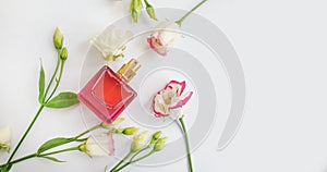 Bottle perfume spray fresh fragrant essence container trend flora aromatherapy flower spring on a colored background