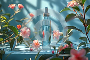 a bottle of perfume is surrounded by pink flowers and leaves