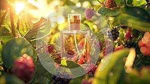 A bottle of perfume surrounded by schisandra berry and mulberry