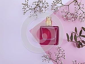 Bottle perfume trendy flora composition springtime scented product springtime elegance a colored background