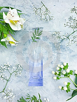 Bottle perfume trendy vogue aroma flora composition springtime scented product springtime elegance a colored background