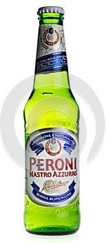 Bottle of Peroni Pilsener beer on white