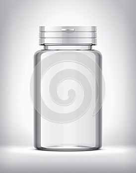 Bottle for pills on background. Transparent version. White Cap.