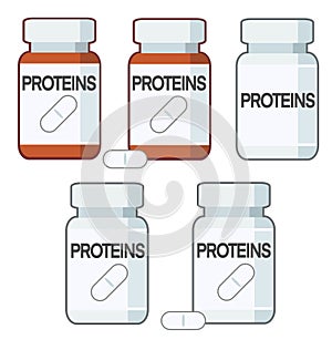 Bottle of pills, proteins supplement,