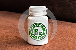 Bottle of pills with vitamin B12