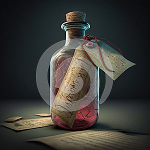 A bottle with pink liquid in it with labels on a dark background. Created with Generative AI