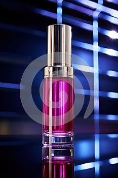 A bottle of pink liquid sitting on a table with shiny glass, AI