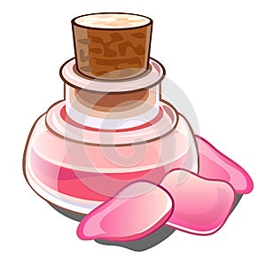 Bottle with pink liquid, wooden cap and petals. Glass flacon with perfume or magic potion and roses in cartoon style