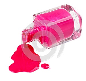 Bottle of pink nail polish with drop samples