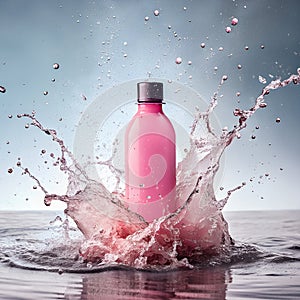 Bottle of pink shampoo with splashes in water. The character and all objects are fictitious, the image was created using the