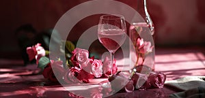 a bottle of pink wine and a glass of water with roses