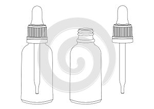 Bottle with a pipette, vector outline drawing, contour picture, coloring, black and white illustration. Transparent empty vial wit