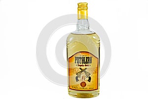 Bottle of Pistolero tequila isolated on white background.