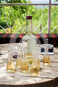 Bottle of plum brandy with small glasses on wooden table