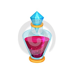 Bottle of poison. Magic elixir. Small glass vial with bright pink liquid. Flat vector for fantasy mobile game