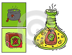 Bottle with potion game magic glass cards elixir poisoning toxic substance dangerous toxin drug container vector