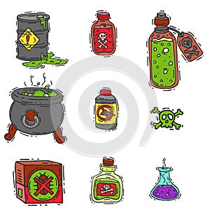 Bottle with potion game magic glass elixir poisoning toxic substance dangerous toxin drug container vector illustration