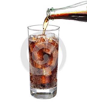 Bottle pouring coke in drink glass with ice cubes Isolated