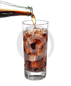 Bottle pouring coke in drink glass with ice cubes Isolated