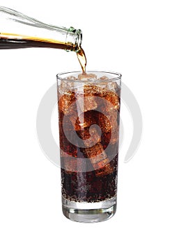 Bottle pouring coke in drink glass with ice cubes Isolated