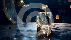 A bottle of premium luxery perfume stands on surface, which moon and stars, generative AI tools