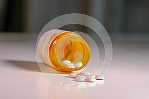 Bottle of Prescription Medication with some tablets Spilling out with a Soft Background. photo