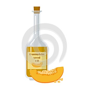 Bottle of pumpkin seed oil in cartoon style.