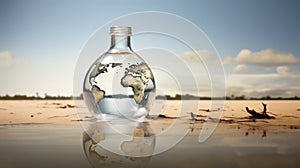 Bottle of pure water with the World map on the shore. Water use concept.