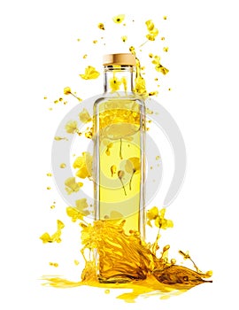 bottle of rapeseed oil and yellow rapeseed flowers, liquid spilling through the glass and oil splashing around. fresh healthy food