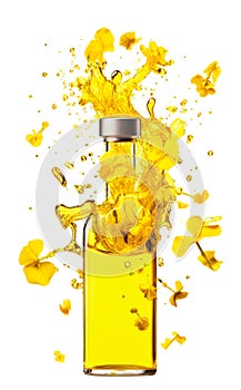 bottle of rapeseed oil and yellow rapeseed flowers, liquid spilling through the glass and oil splashing around. fresh healthy food