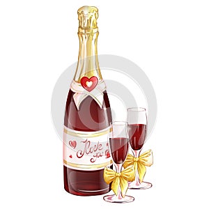 A bottle of red champagne with two glasses decorated with golden bows.