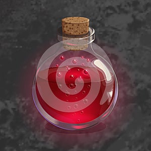 Bottle with red potion. Game icon of magic elixir. Bright design for app user interface.