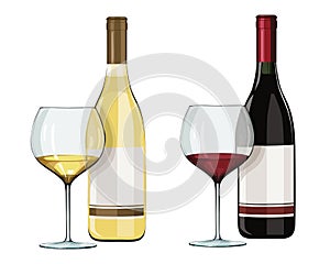 A bottle of red and white wine and two filled glasses.