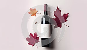 a bottle of red wine and autumn leaves
