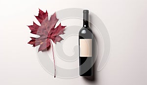 a bottle of red wine and autumn leaves