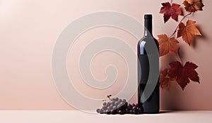 a bottle of red wine and autumn leaves