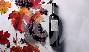 a bottle of red wine and autumn leaves