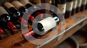 Bottle of red wine with a blank label on a shelf in a wine cellar. AI Generated.