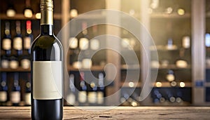 Bottle of red wine with blank label on wooden table in cellar