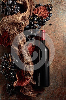 Bottle of red wine with blue grapes on a rusty background