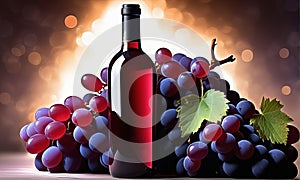 Bottle of red wine and bunch of red grapes on purple backgroundglass