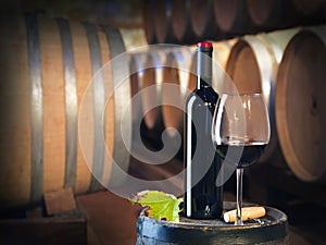 Bottle or red wine in a cellar