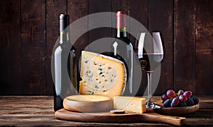 Bottle of red wine with cheese on a wooden table and dark grunge background. Conceptual food photo