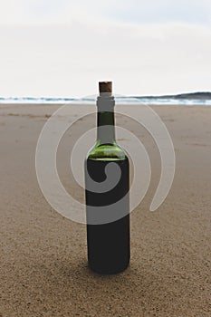 Bottle of red wine on empty beach. Homemade wine in green glass bottle. Full bottle of red wine with cork. Vacation on seacoast.