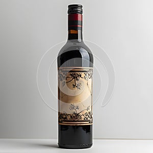 a bottle of red wine with a floral label