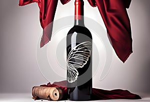 Bottle of red wine and flutters of red cloth on a black background