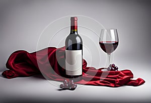 Bottle of red wine and flutters of red cloth on a black background