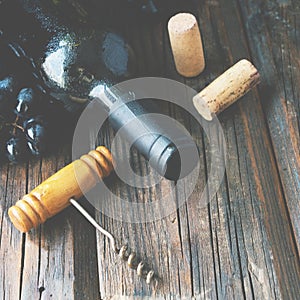 Bottle of red wine with fresh grape and bunch of corks on wooden table