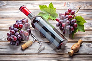Bottle of Red Wine with Fresh Grapes and Corkscrew Ã¢â¬\' Wine Tasting Essentials photo